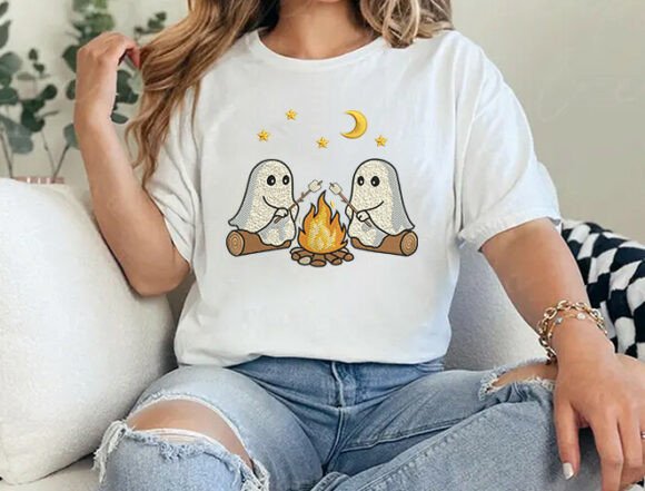 “Campfire Cuties” – Ghosts Roasting Marshmallows Tee / Sweater / Tote